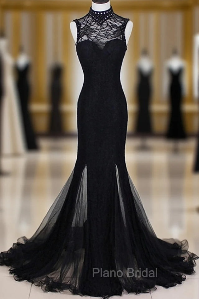 Charming Black Mermaid Backless Long Evening Dresses, High Neckline Formal Prom Dresses Main image