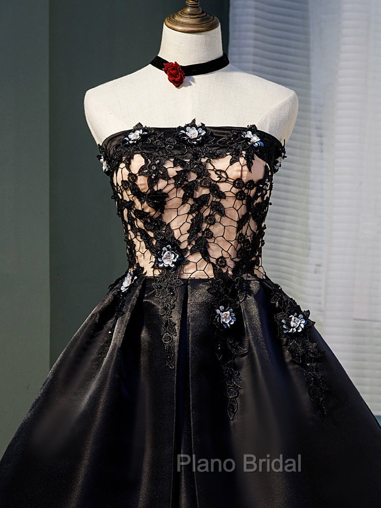 Charming Black Satin with Lace Applique Homecoming Dresses, Knee Length Formal Prom Dresses