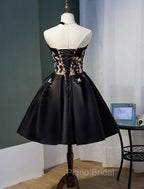 Charming Black Satin with Lace Applique Homecoming Dresses, Knee Length Formal Prom Dresses