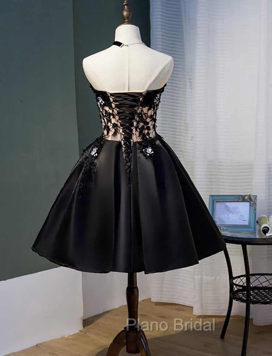Charming Black Satin with Lace Applique Homecoming Dresses, Knee Length Formal Prom Dresses