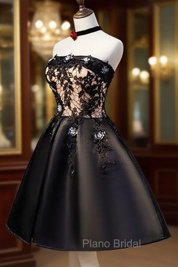 Charming Black Satin with Lace Applique Homecoming Dresses, Knee Length Formal Prom Dresses