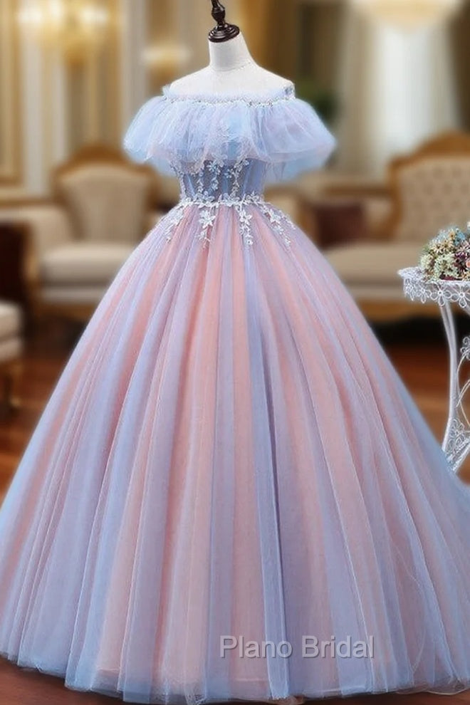Charming Blue and Pink Tulle Off Shoulder Sweet 16 Dresses with Lace, Ball Gown Formal Dresses Main image