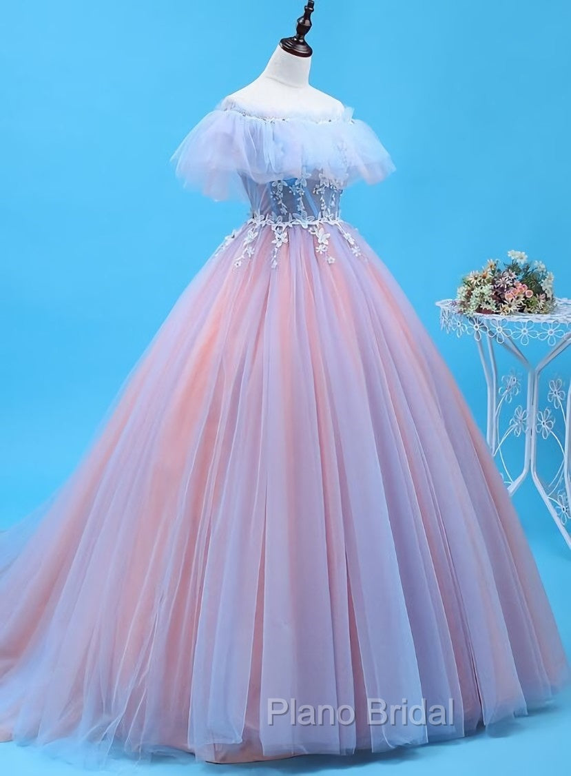 Charming Blue and Pink Tulle Off Shoulder Sweet 16 Dresses with Lace, Ball Gown Formal Dresses