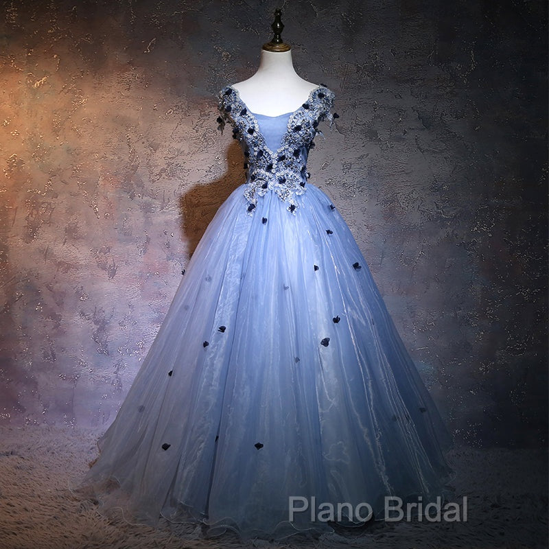 Charming Blue Ball Gown Lace Long Formal Dresses, Blue Tulle Sweet 16 Dresses With Flowers Secondary image