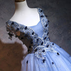 Charming Blue Ball Gown Lace Long Formal Dresses, Blue Tulle Sweet 16 Dresses With Flowers