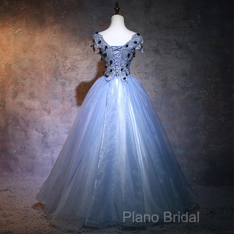 Charming Blue Ball Gown Lace Long Formal Dresses, Blue Tulle Sweet 16 Dresses With Flowers