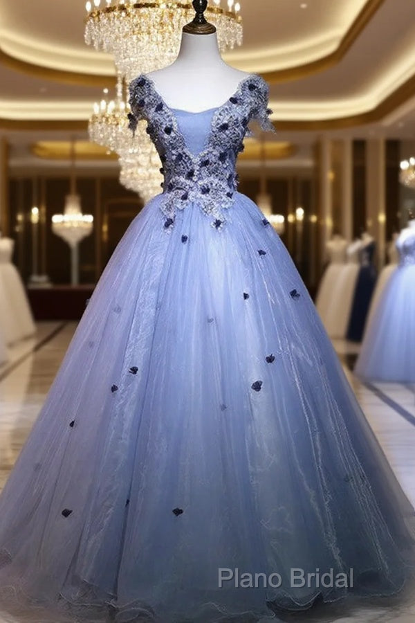 Charming Blue Ball Gown Lace Long Formal Dresses, Blue Tulle Sweet 16 Dresses With Flowers Main image