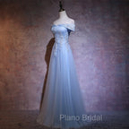 Charming Blue Elegant Tulle Party Dresses with Lace Applique, Long Formal Prom Dresses
