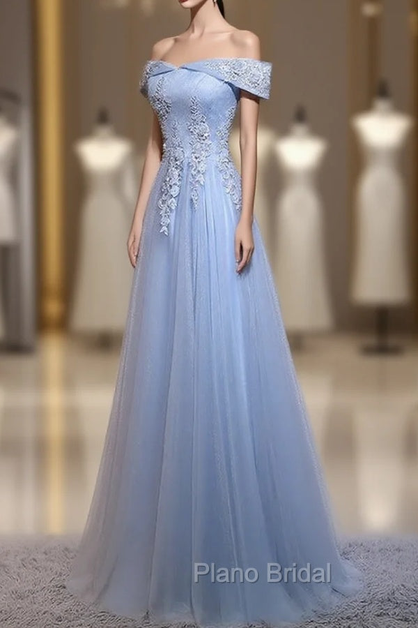 Charming Blue Elegant Tulle Party Dresses with Lace Applique, Long Formal Prom Dresses
