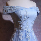 Charming Blue Elegant Tulle Party Dresses with Lace Applique, Long Formal Prom Dresses