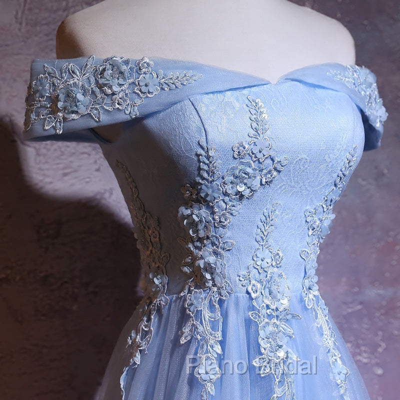 Charming Blue Elegant Tulle Party Dresses with Lace Applique, Long Formal Prom Dresses