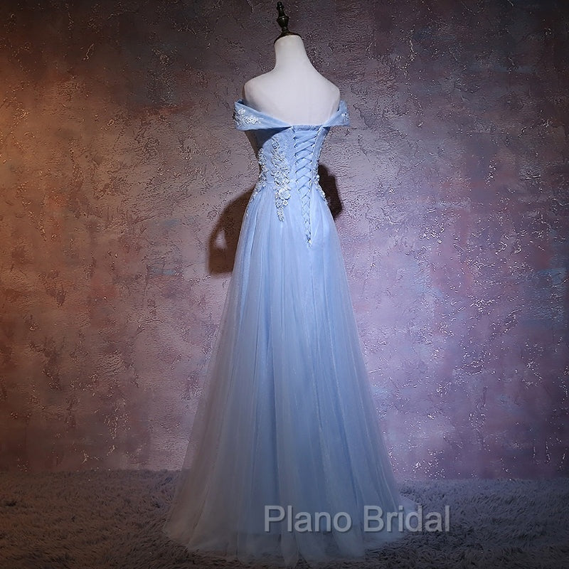 Charming Blue Elegant Tulle Party Dresses with Lace Applique, Long Formal Prom Dresses