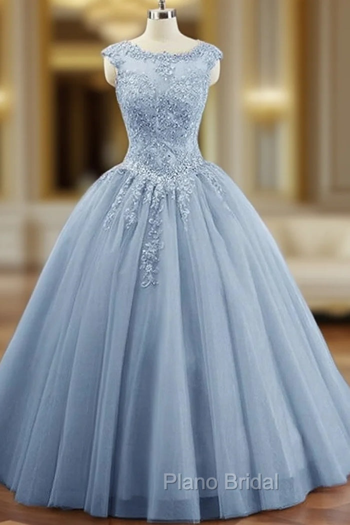 Charming Blue Tulle Long Ball Gown Sweet 16 Dresses with Lace, Formal Gown