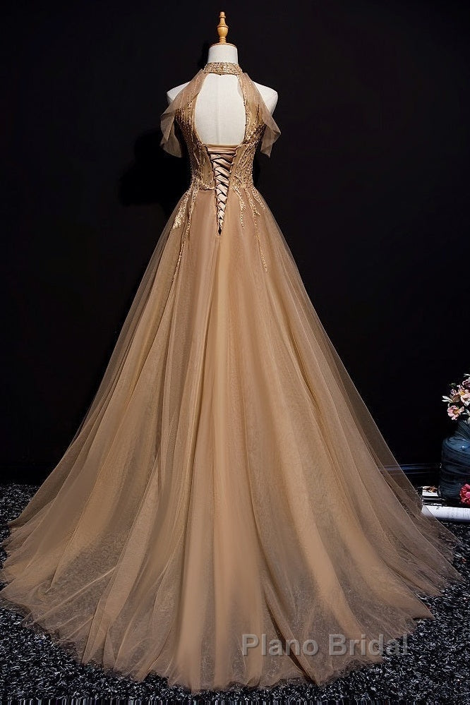 Charming Champagne Tulle Halter Long Party Gown, Formal Prom Dresses Secondary image