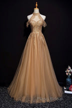 Charming Champagne Tulle Halter Long Party Gown, Formal Prom Dresses