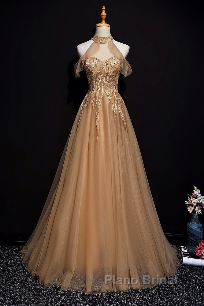 Charming Champagne Tulle Halter Long Party Gown, Formal Prom Dresses