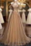 Charming Champagne Tulle Halter Long Party Gown, Formal Prom Dresses