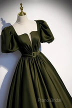 Charming Dark Green Puffy Sleeves Long Formal Gown, Satin Floor Length Formal Prom Dresses