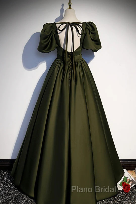 Charming Dark Green Puffy Sleeves Long Formal Gown, Satin Floor Length Formal Prom Dresses
