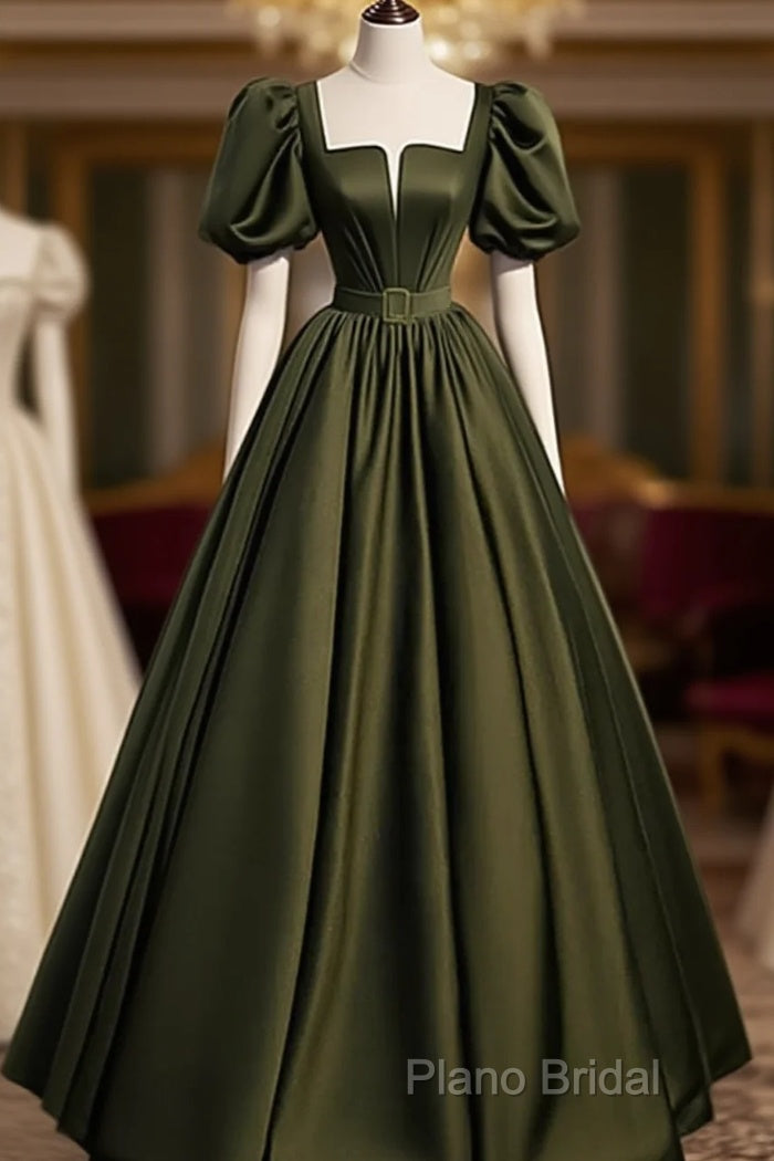 Charming Dark Green Puffy Sleeves Long Formal Gown, Satin Floor Length Formal Prom Dresses Main image