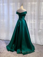 Charming Dark Green Satin Long Junior Formal Prom Dresses, Off Shoulder Evening Gown