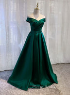 Charming Dark Green Satin Long Junior Formal Prom Dresses, Off Shoulder Evening Gown