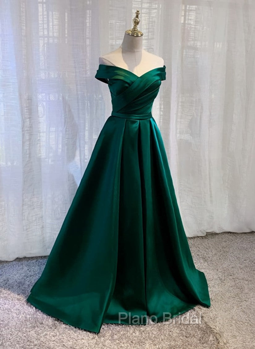 Charming Dark Green Satin Long Junior Formal Prom Dresses, Off Shoulder Evening Gown