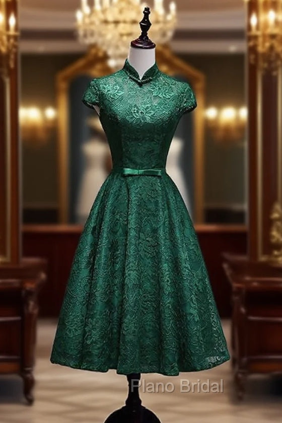 Charming Dark Green Tea Length High Neckline Party Dresses, Wedding Party Dresses