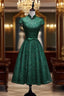 Charming Dark Green Tea Length High Neckline Party Dresses, Wedding Party Dresses