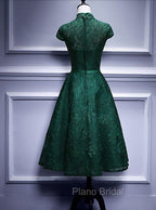 Charming Dark Green Tea Length High Neckline Party Dresses, Wedding Party Dresses