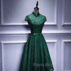 Charming Dark Green Tea Length High Neckline Party Dresses, Wedding Party Dresses