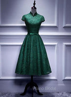 Charming Dark Green Tea Length High Neckline Party Dresses, Wedding Party Dresses