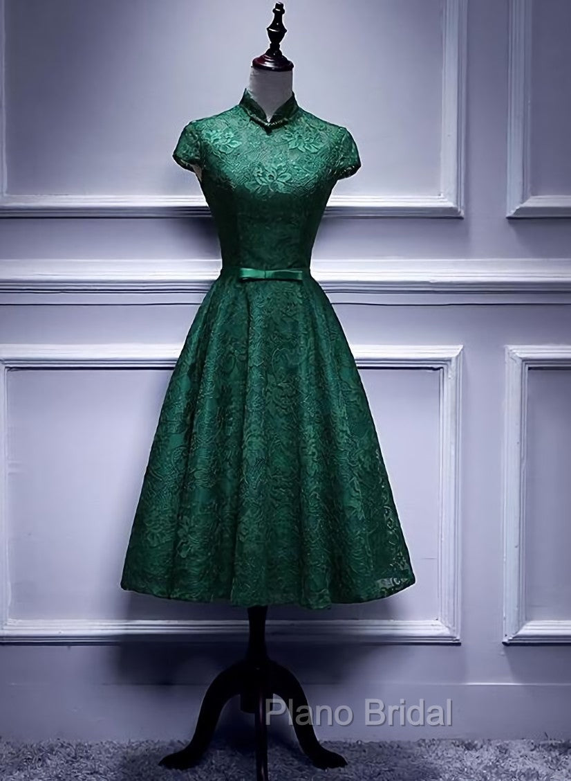 Charming Dark Green Tea Length High Neckline Party Dresses, Wedding Party Dresses