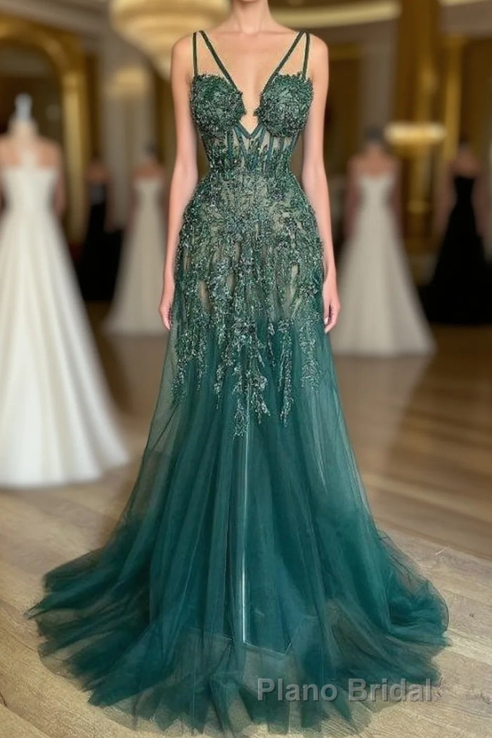 Charming Dark Green Tulle Long Evening Dresses Sweetheart Sleeveless Formal Prom Dresses Main image