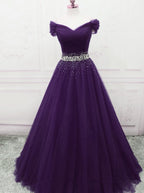 Charming Dark Purple Tulle Long Off The Shoulder Party Dresses, Long Formal Prom Dresses