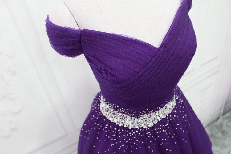 Charming Dark Purple Tulle Long Off The Shoulder Party Dresses, Long Formal Prom Dresses