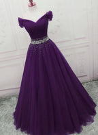 Charming Dark Purple Tulle Long Off The Shoulder Party Dresses, Long Formal Prom Dresses