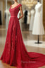 Charming Dark Red Lace A-line Long Formal Prom Dresses, Red Evening Gown
