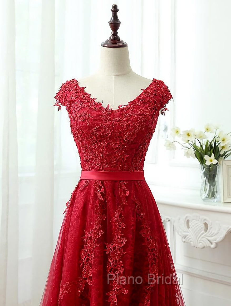 Charming Dark Red Lace A-line Long Formal Prom Dresses, Red Evening Gown