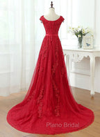 Charming Dark Red Lace A-line Long Formal Prom Dresses, Red Evening Gown