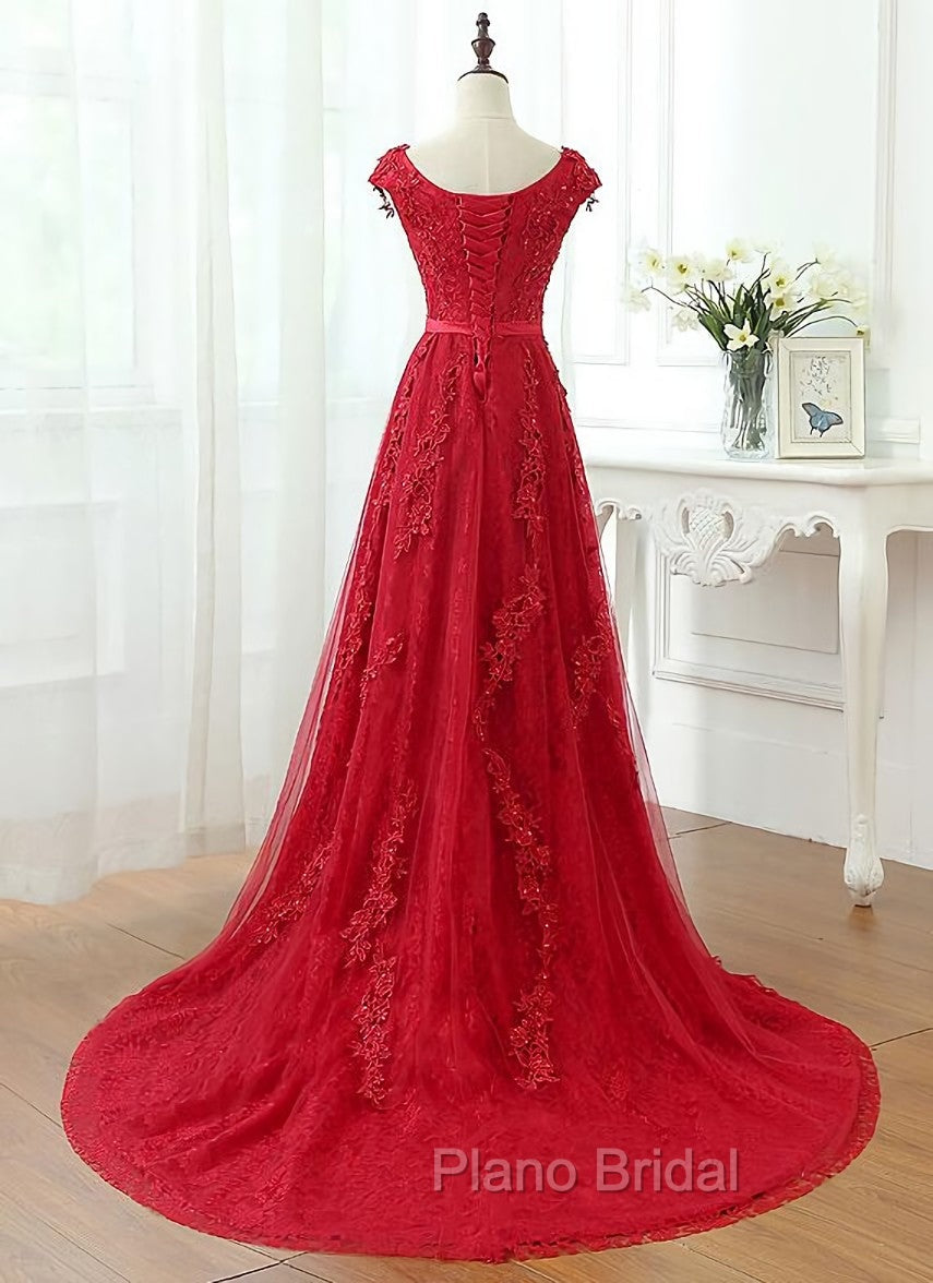 Charming Dark Red Lace A-line Long Formal Prom Dresses, Red Evening Gown