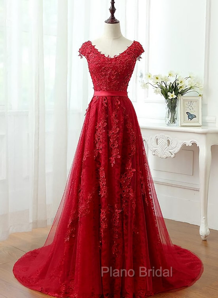 Charming Dark Red Lace A-line Long Formal Prom Dresses, Red Evening Gown Main image