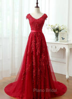 Charming Dark Red Lace A-line Long Formal Prom Dresses, Red Evening Gown