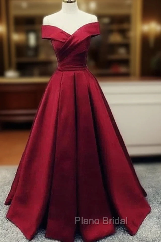 Charming Dark Red Satin A-line Off Shoulder Gown, Formal Prom Dresses Main image