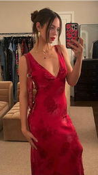 Charming Deep V Neck Satin Print Floral Long Formal Evening Gown Formal Prom Dresses