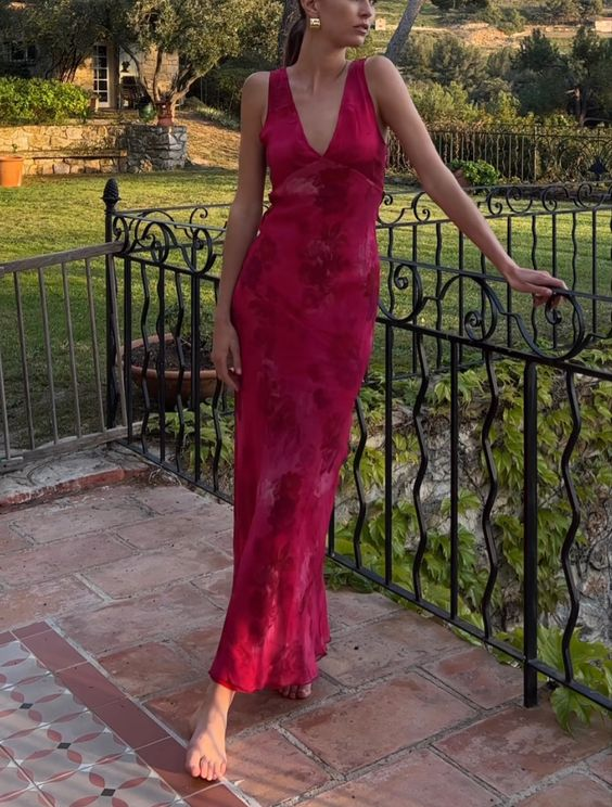 Charming Deep V Neck Satin Print Floral Long Formal Evening Gown Formal Prom Dresses