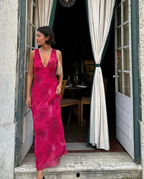 Charming Deep V Neck Satin Print Floral Long Formal Evening Gown Formal Prom Dresses