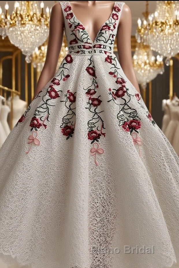 Charming Floral Embroidery Long Formal Prom Dresses V Neck A Line Party Dresses