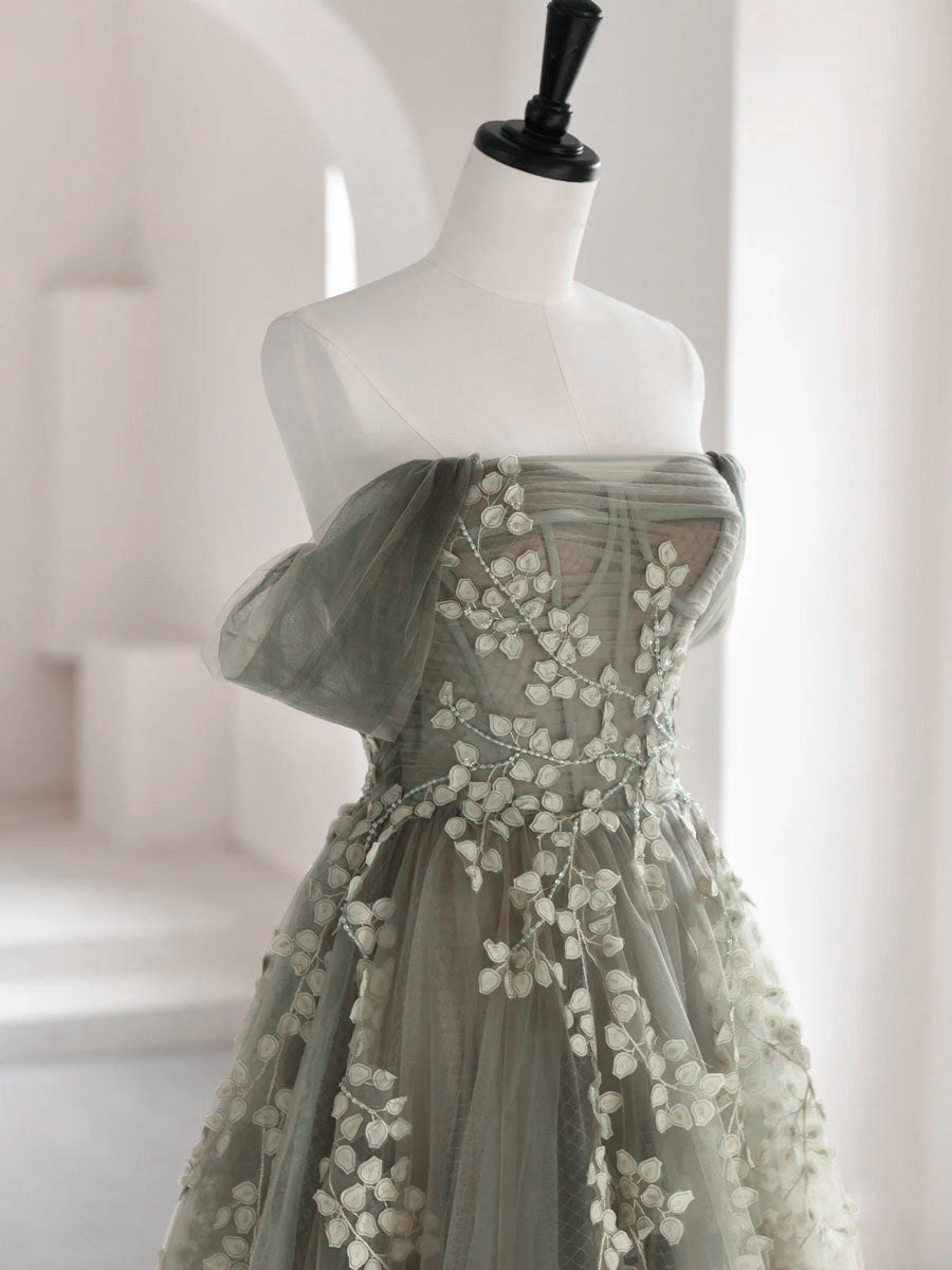 Charming Green Tulle Off Shoulder Party Dresses, Green Long A-Line Formal Dresses Secondary image