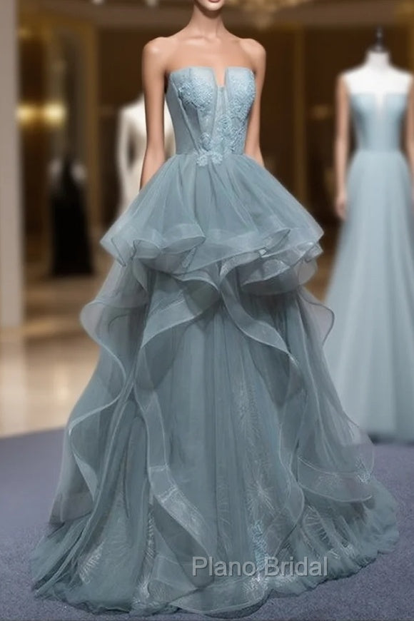 Charming Green Tulle Straps Layers Long Formal Dresses, Tulle Party Dresses Formal Prom Dresses